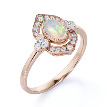 2 Carat Natural Art Deco Oval Australian Opal and Diamond Vintage Halo Engagement Ring in Rose Gold