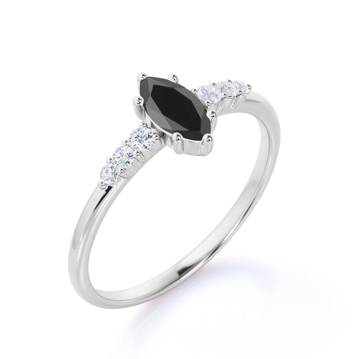 Elegant 1.5 Carat Vintage Marquise Cut Black Diamond and Pave White Diamond Accents Engagement Ring in White Gold