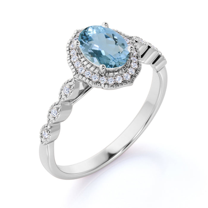 1.5 Carat Vintage Art Deco Oval Aquamarine & Diamond Pave Halo Wedding Ring in White Gold