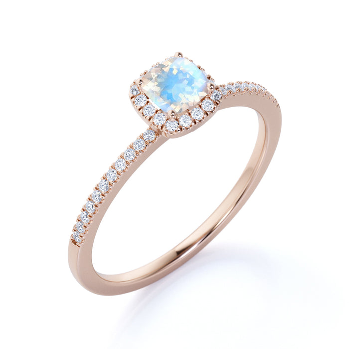 0.75 Carat Genuine Rainbow Moonstone & Diamond Cluster Halo Wedding Ring in Rose Gold