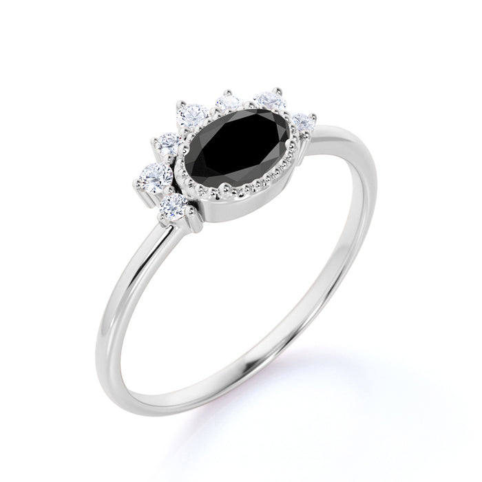 1.50 Carat Vintage Oval Cut Black Diamond and White Diamond Accents Cluster Engagement Ring in White Gold