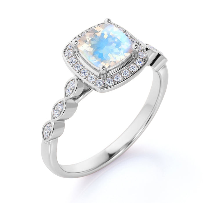 Artdeco 1.50 Carat Cushion Cut Rainbow Moonstone & Diamond Vintage Wedding Ring in Rose Gold