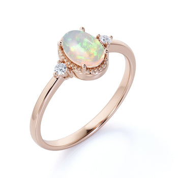 1.50 Carat Natural Vintage Oval Blue Fire Opal and Diamond Milgrain 3 Stone Engagement Ring in Rose Gold