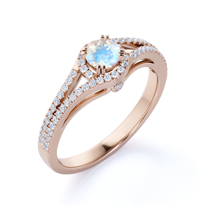 Vintage Round Rainbow Moonstone & Diamond Split Shank Engagement Ring in Rose Gold