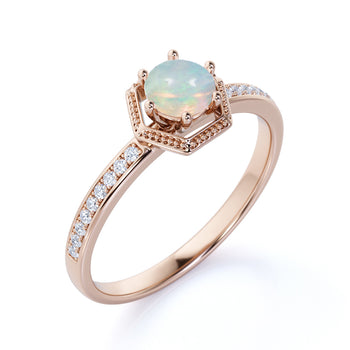 1.50 Carat Natural Basket Set Round Fire Opal with Diamond Accents Halo Engagement Ring in Rose Gold