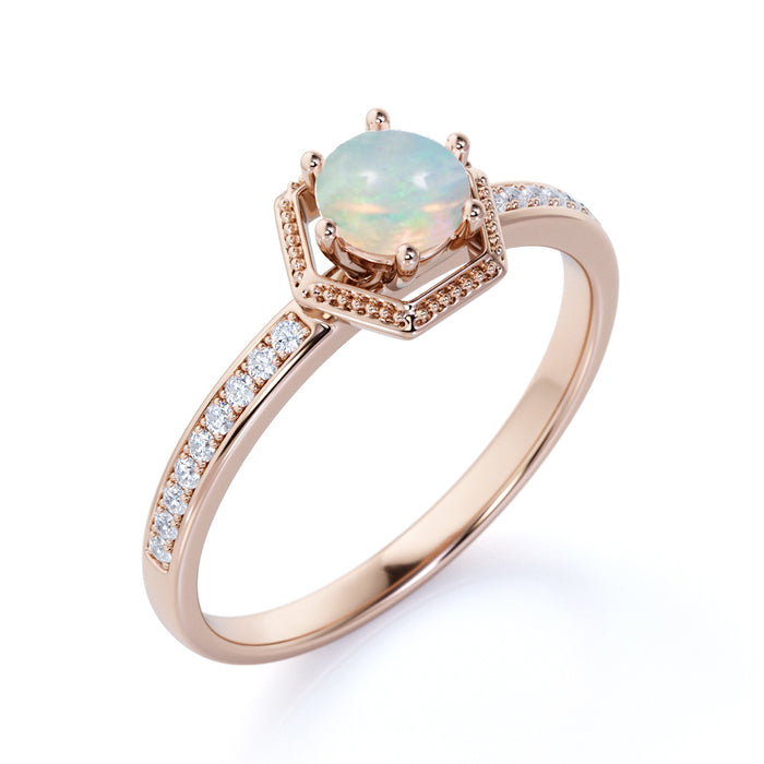 1.50 Carat Natural Basket Set Round Fire Opal with Diamond Accents Halo Engagement Ring in Rose Gold