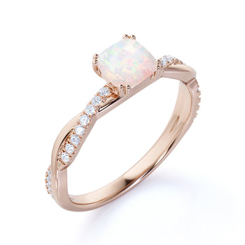 1.5 Carat Natural Cushion Rainbow Opal and Pave Diamond Twist Engagement Ring in Rose Gold