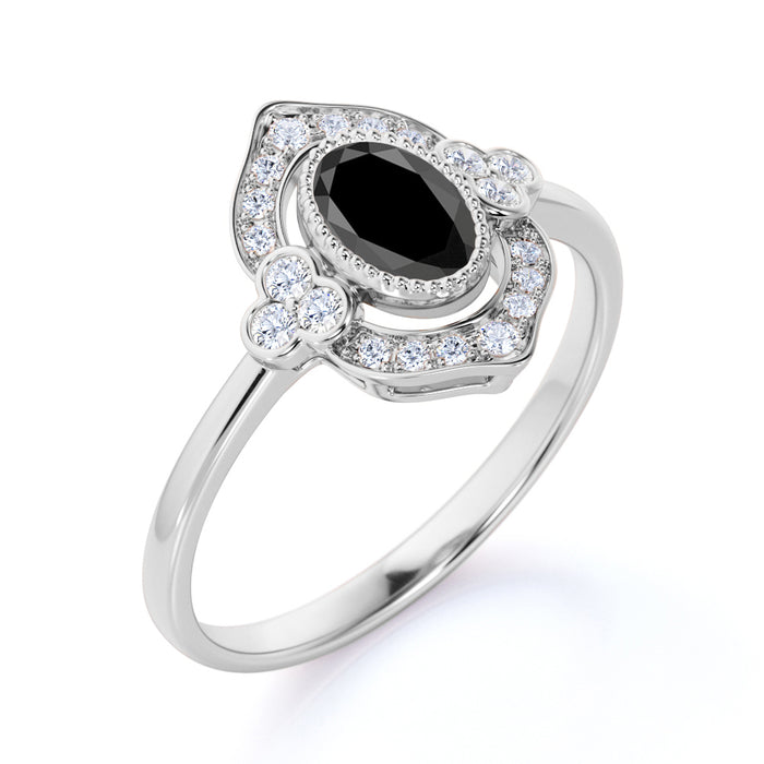 2 Carat Art Deco Oval Cut Black Diamond and White Diamond Vintage Halo Engagement Ring in White Gold