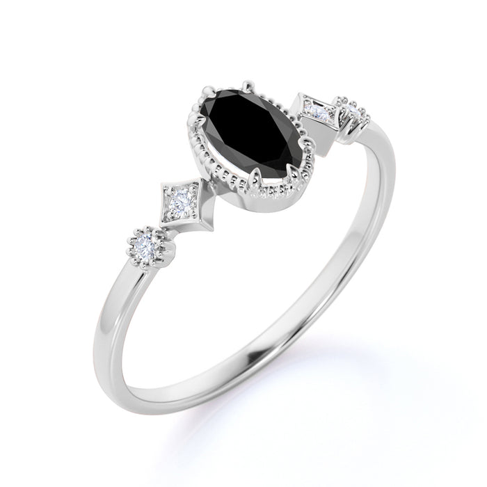 1.5 Carat Oval Cut Black Diamond and White Diamond Accents Milgrain 5 Stone Engagement Ring in White Gold