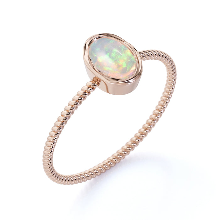 Minimalist Bezel Set 1 Carat Natural Oval Welo Opal Twist Solitaire Engagement Ring in Rose Gold