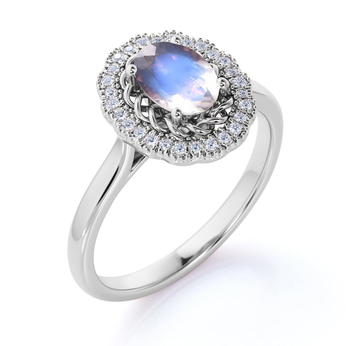 1.50 Carat Antique Oval Blue Moonstone & Diamond Vintage Engagement Ring in Rose Gold