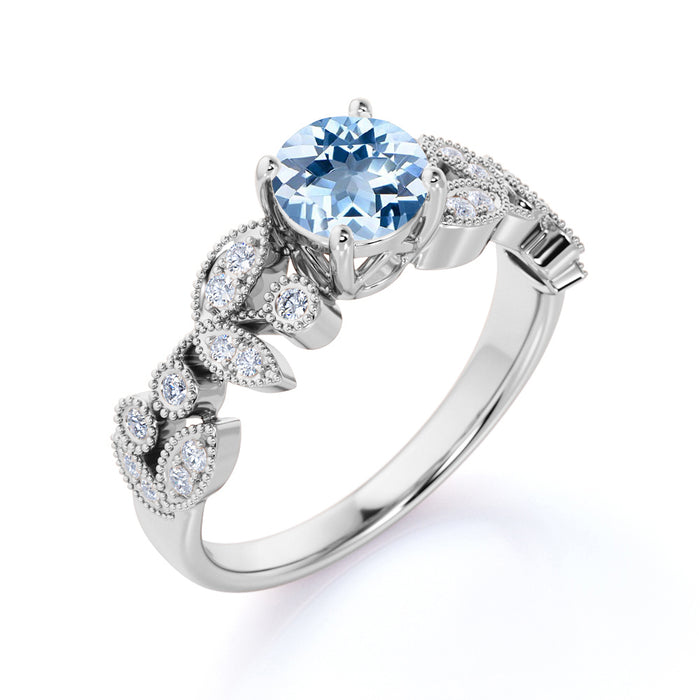 Vintage 1.9 Carat Round Aquamarine & Diamond March Birthstone Engagement Ring in White Gold