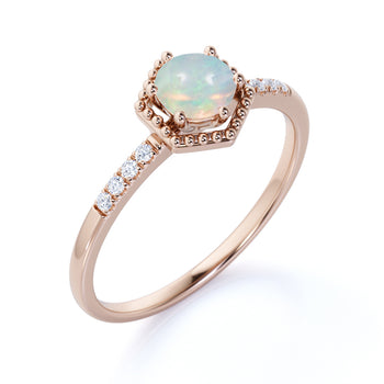 1.5 Carat Genuine Basket Set Round Blue Fire Opal and Pave Diamond Halo Engagement Ring in Rose Gold