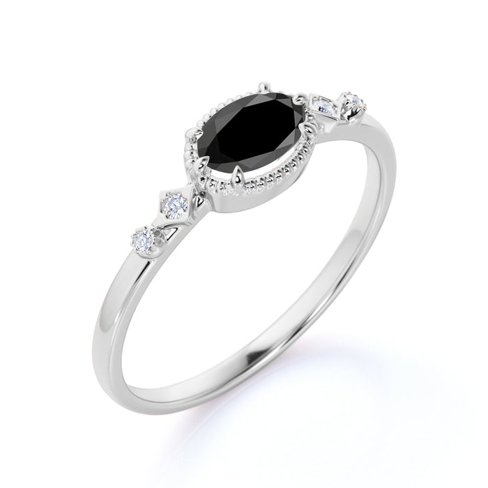 1.5 Carat Vintage Milgrain Set Oval Cut Black Diamond and White Diamond 6 Prong Engagement Ring in White Gold