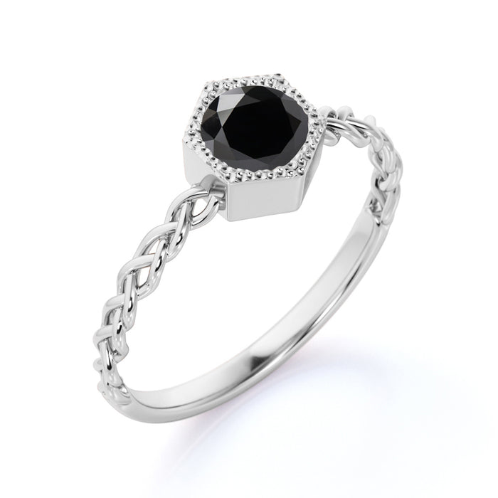 Unique Bezel Set 1 Carat Round Black Diamond Braided Band Solitaire Engagement Ring in White Gold