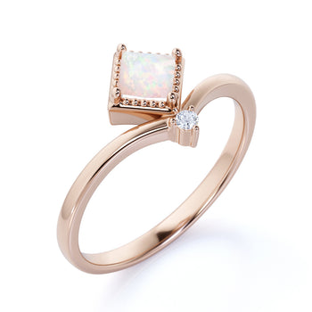Unique 1.5 Carat Genuine Princess Cut Fire Opal and Diamond Duo Chevron Engagement Ring in Rose Gold