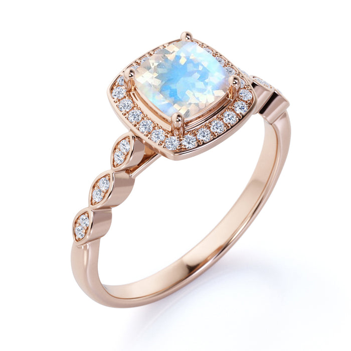 Artdeco 1.50 Carat Cushion Cut Rainbow Moonstone & Diamond Vintage Wedding Ring in Rose Gold