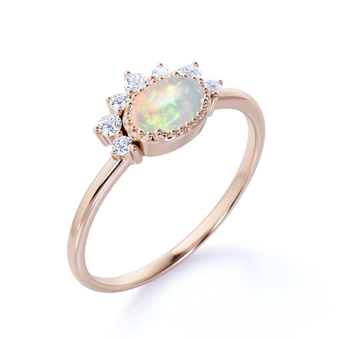 1.5 Carat Real Vintage Oval Cut Australian Opal and Diamond Accents Cluster Engagement Ring in Rose Gold