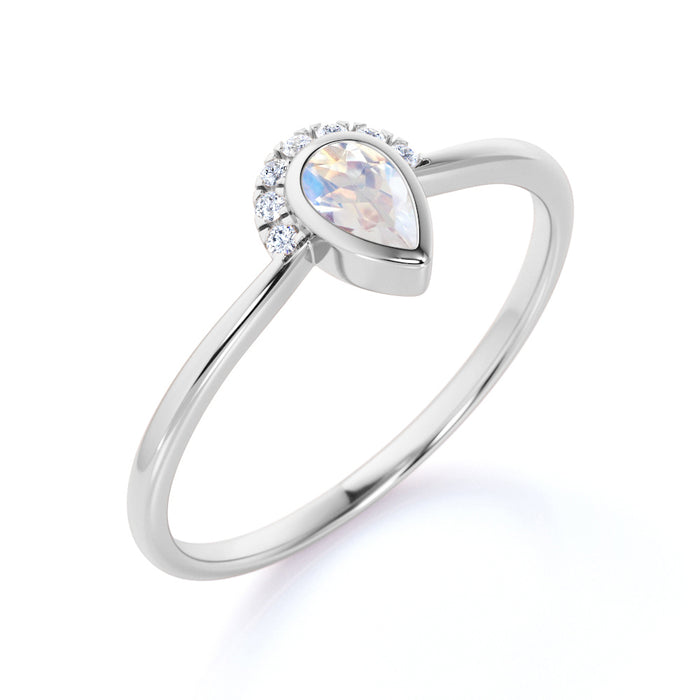 .75 Carat Bezel Set Art Deco Teardrop Rainbow Moonstone & Diamond Promise Ring in Rose Gold