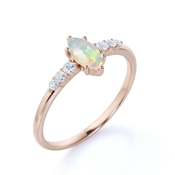 Elegant 1.5 Carat Real Vintage Marquise Cut Blue Fire Opal and Pave Diamond Accents Engagement Ring in Rose Gold