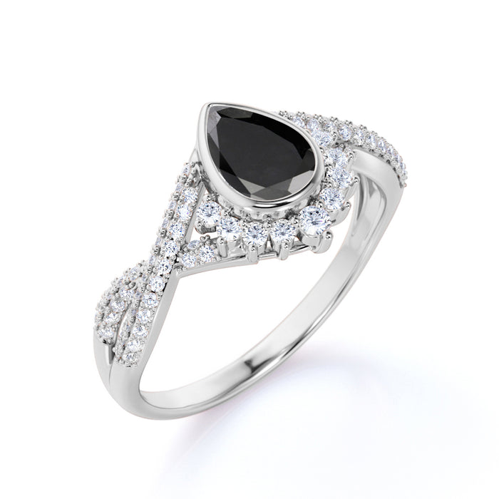 Stunning Vintage 2 Carat Pear Shaped Black Diamond and White Diamond Antique Engagement Ring in White Gold