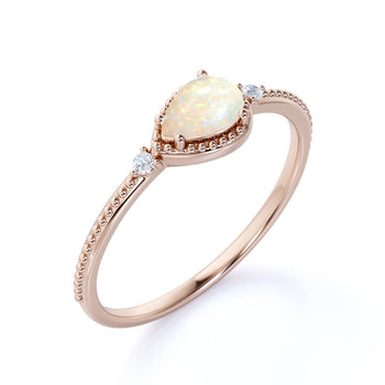 Milgrain Set Pear Shaped Australian Opal and Diamond Accents 3 Stone Engagement Ring in Rose Gold