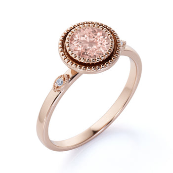 1.25 Carat Bezel Set Pink Morganite and Diamond Three Stone Milgrain Halo Engagement Ring in Rose Gold