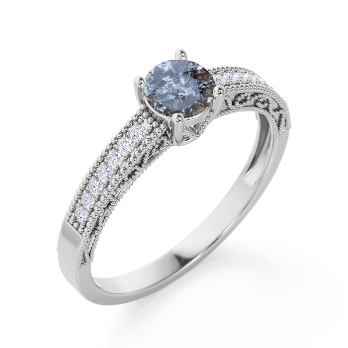 0.65 Carat Round Cut Grey Salt and Pepper Diamond Hand Engraved Engagement Ring in White Gold