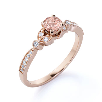 Vintage 1 Carat Round Cut Morganite and Pave Diamond Milgrain Flower Engagement Ring in Rose Gold