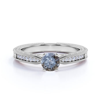 0.65 Carat Round Brilliant Natural Salt and Pepper Diamond Tapered Etched Engagement Ring in White Gold