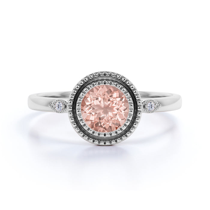 1.25 Carat Bezel Set Pink Morganite and Diamond Three Stone Milgrain Halo Engagement Ring in Rose Gold