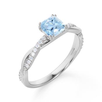 1.50 Carat Cushion Cut Aquamarine & Diamond March Birthstone Infinity Engagement Ring in White Gold