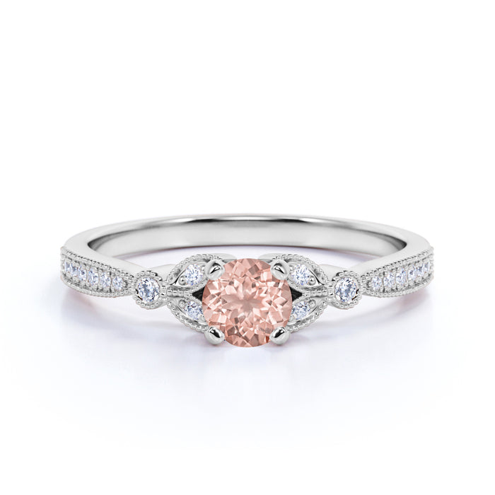 Vintage 1 Carat Round Cut Morganite and Pave Diamond Milgrain Flower Engagement Ring in Rose Gold