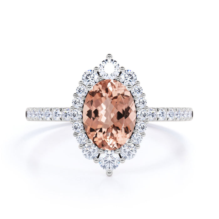 Halo 1.50 Carat Round Pink Morganite Bezel Set Milgrain Wedding Ring in Rose Gold