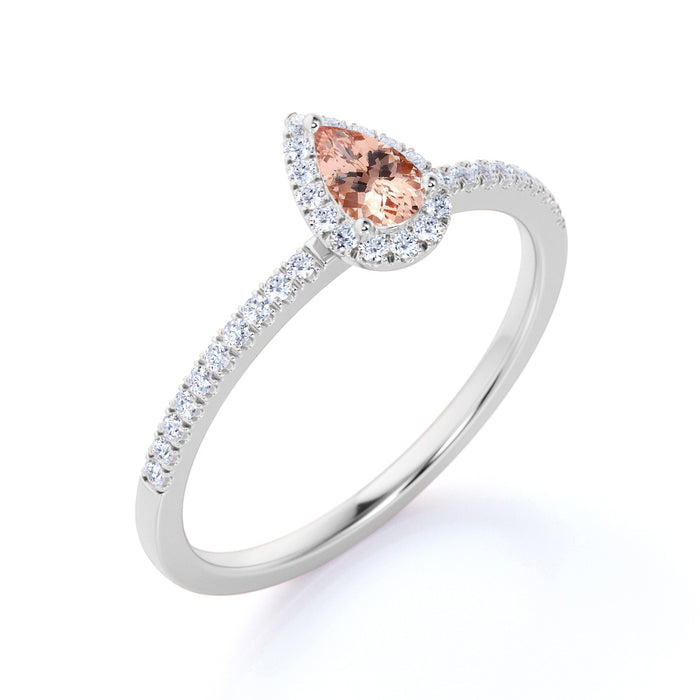1.5 Carat Pear Shaped Morganite Stone & Diamond Halo Engagement Ring in Rose Gold