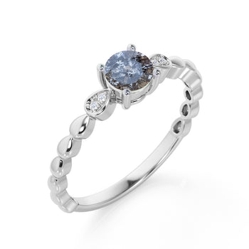 1.10 Carat Round Cut Dark Grey Salt and Pepper Diamond Beaded Engagement Ring in White Gold