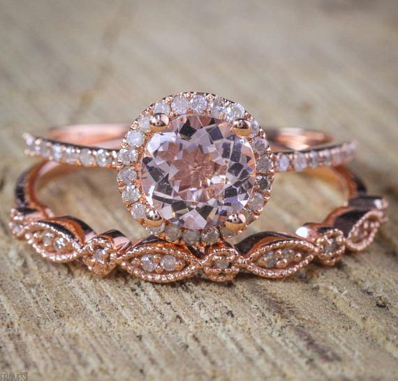 Limited Time Sale 1.50 Carat Morganite and Diamond Halo Wedding Ring Set for Women in Rose Gold