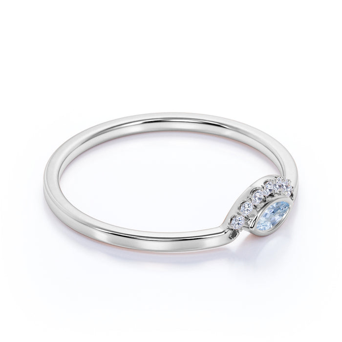 Evil Eye Design Marquise Cut Aquamarine Dainty Ring in White Gold
