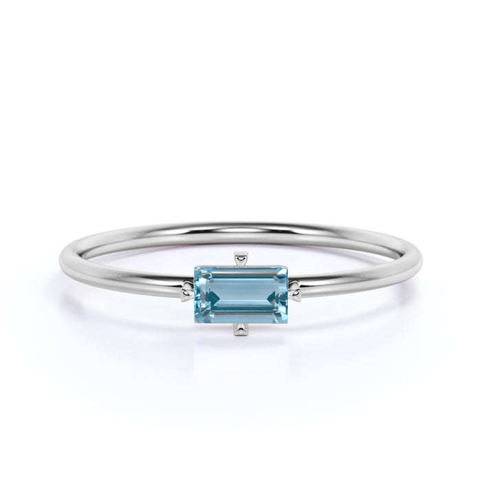 0.35 Carat Solitaire Emerald Cut Aquamarine Dainty Ring in White Gold
