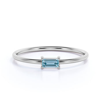 Minimalist  Emerald Cut Aquamarine Dainty Solitaire Ring in White Gold