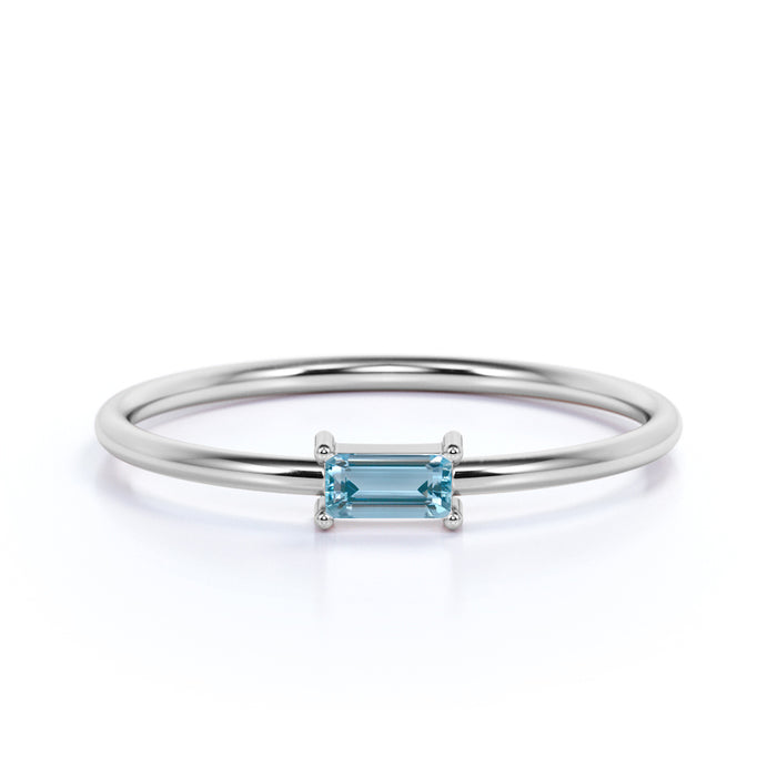 Minimalist  Emerald Cut Aquamarine Dainty Solitaire Ring in White Gold