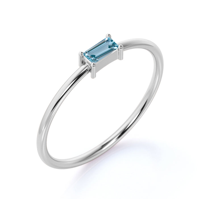 Minimalist  Emerald Cut Aquamarine Dainty Solitaire Ring in White Gold