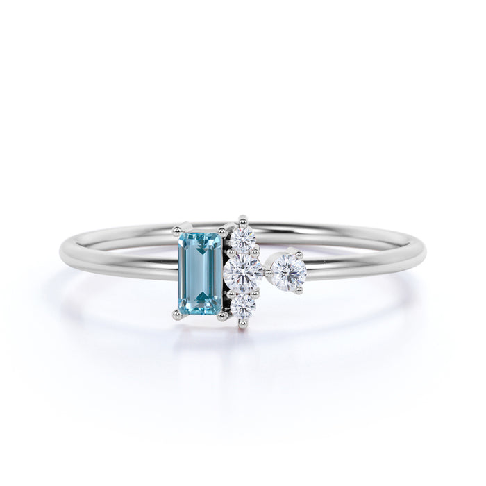5 Stone Emerald Cut Aquamarine and Diamond Stacking Ring in White Gold