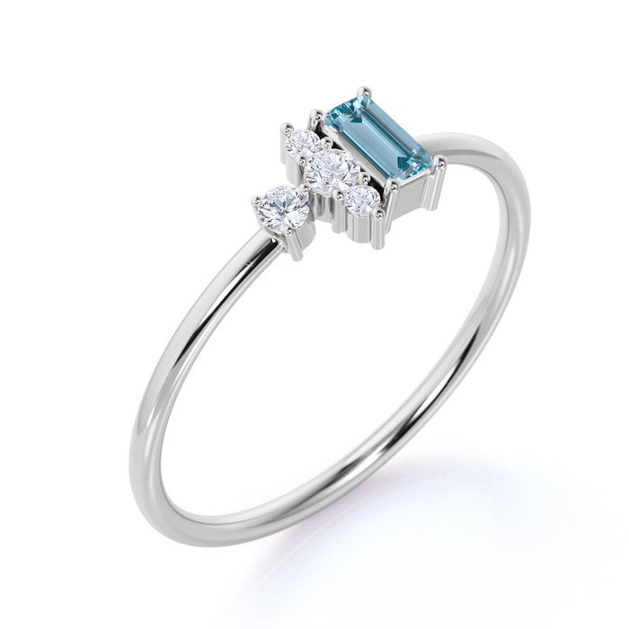 5 Stone Emerald Cut Aquamarine and Diamond Stacking Ring in White Gold