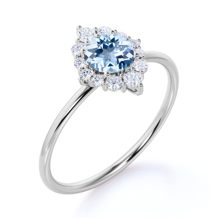 Vintage 0.56 ct Halo Set Round Cut Aquamarine and Diamond Promise Ring