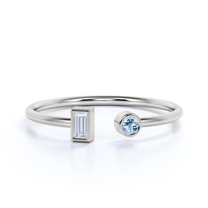 Round Cut Aquamarine and Baguette Diamond Open Stacking Ring in White Gold