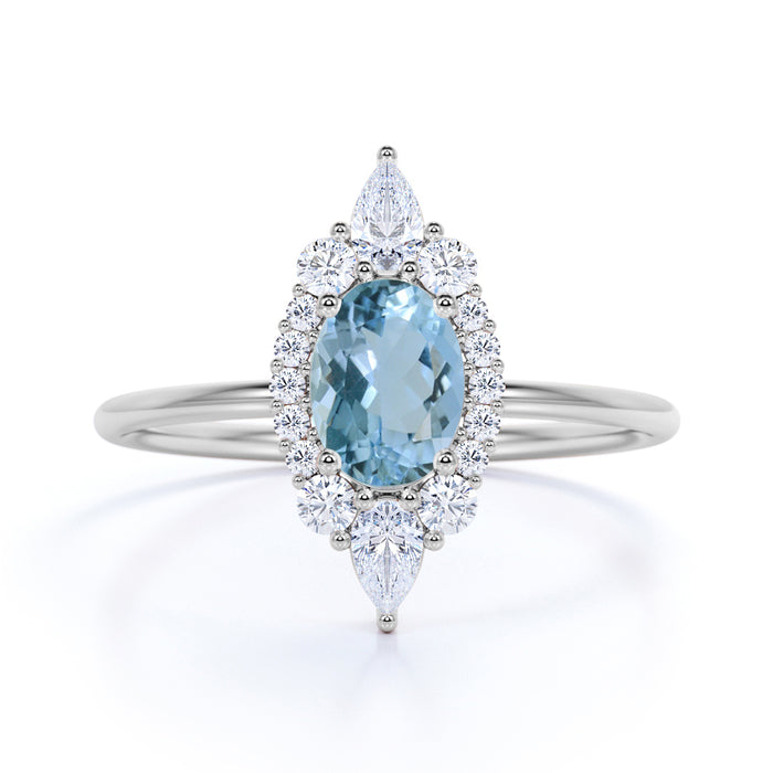 0.85 ct Antique Halo Set Oval Cut Aquamarine Promise Ring in White Gold