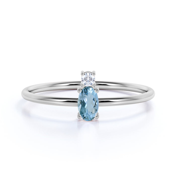2 Stone Oval Cut Aquamarine and Diamond Stacking Ring in White Gold