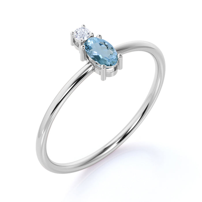 2 Stone Oval Cut Aquamarine and Diamond Stacking Ring in White Gold