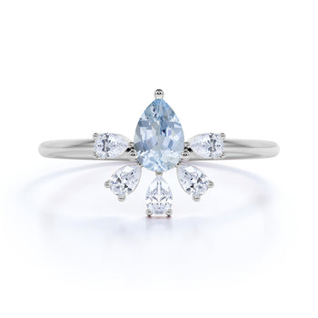 Pear Cut Aquamarine and Marquise Cut Diamond Stacking Ring in White Gold